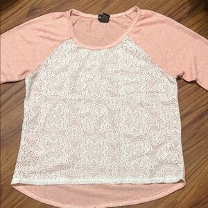 Wet Seal Pink and White Lace Long Sleeve Top
